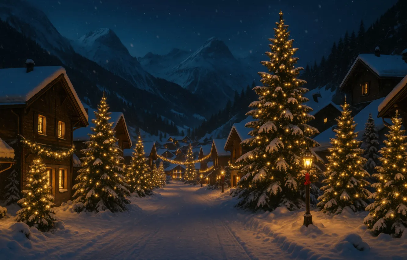Фото обои зима, снег, огни, новый год, Рождество, свет в окнах, ИИ-арт, НЕЙРОСЕТЬ