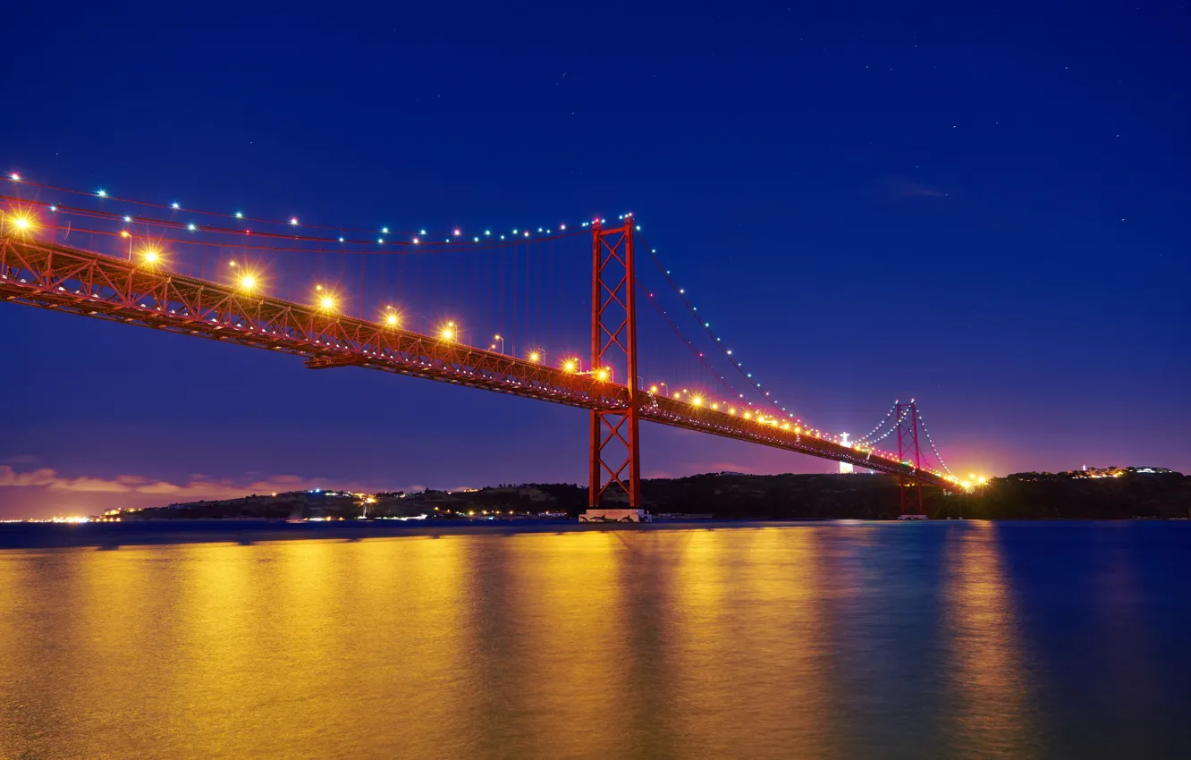 Фото обои ночь, огни, Португалия, река Тежу, мост имени 25 апреля