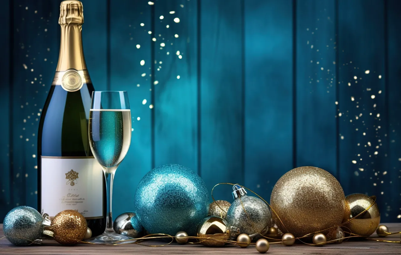 Фото обои украшения, золото, шары, Новый Год, бокалы, golden, new year, шампанское