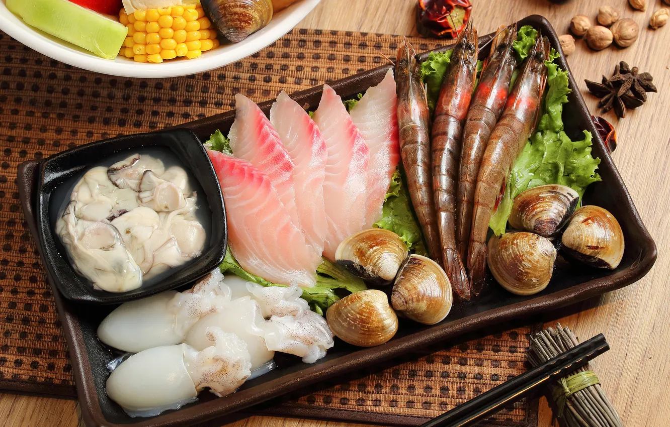 Фото обои рыба, креветки, морепродукты, японская кухня, блюда, кальмары, бадьян, ассорти