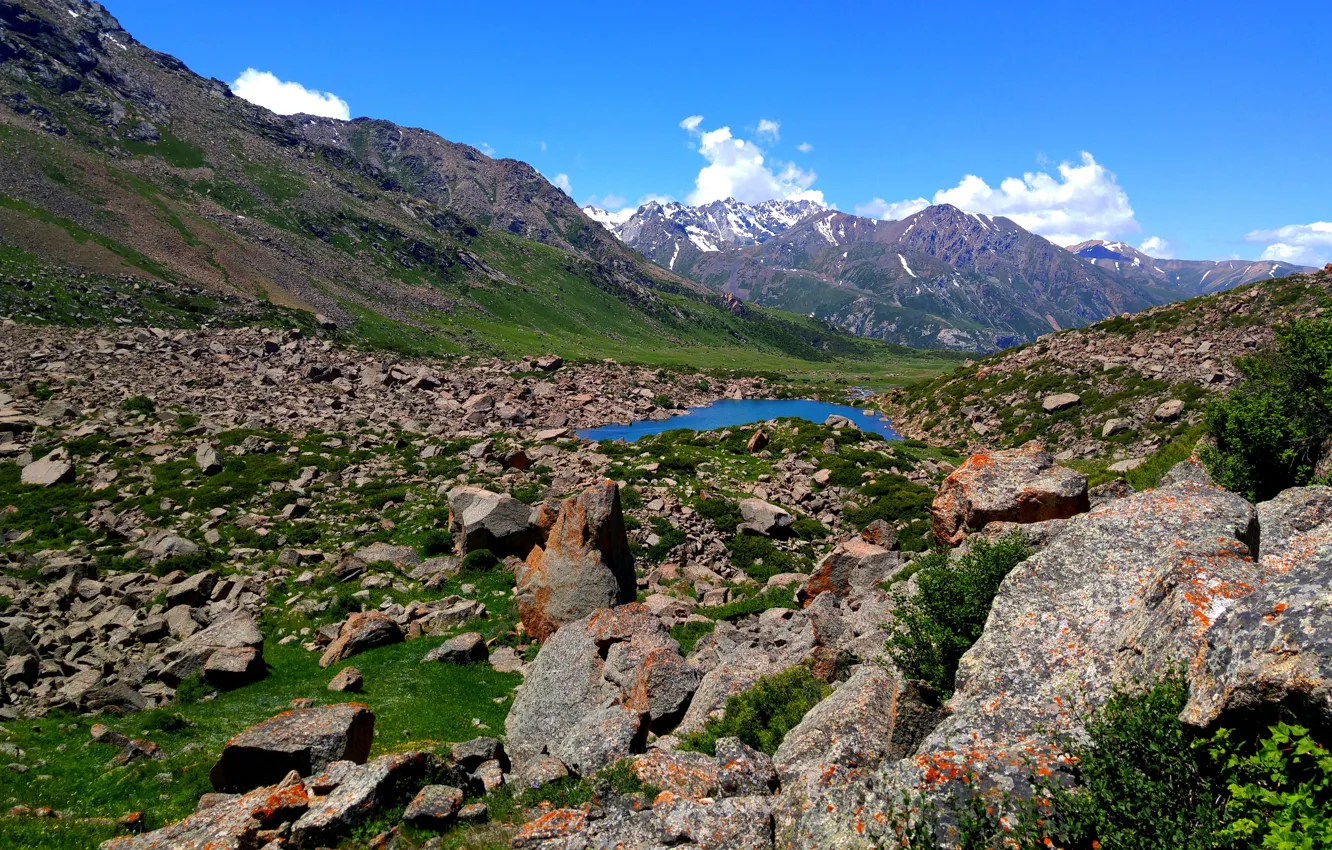 Фото обои горы, камни, весна, горное озеро