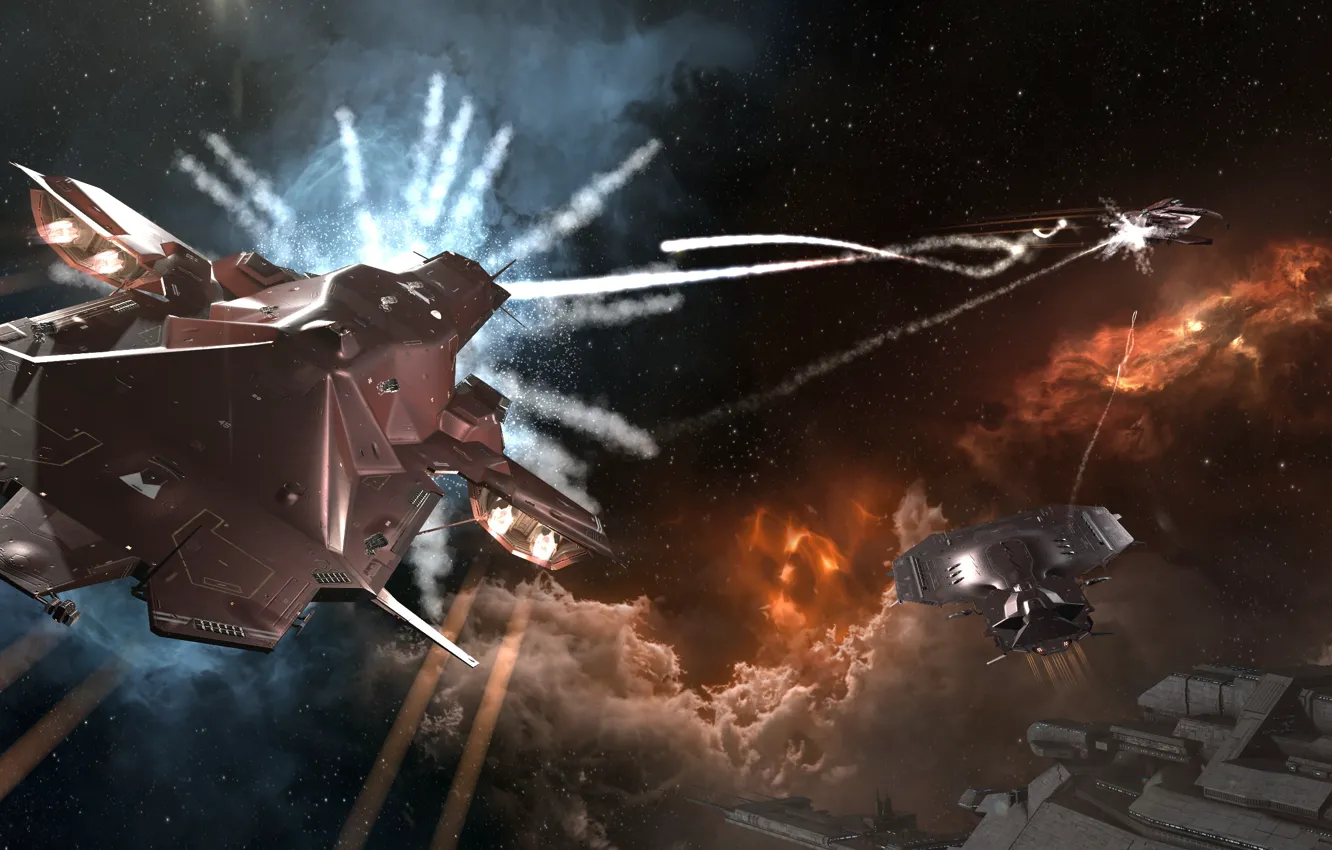 Фото обои космос, туманность, станция, space, битва, космический корабль, eve online, battle