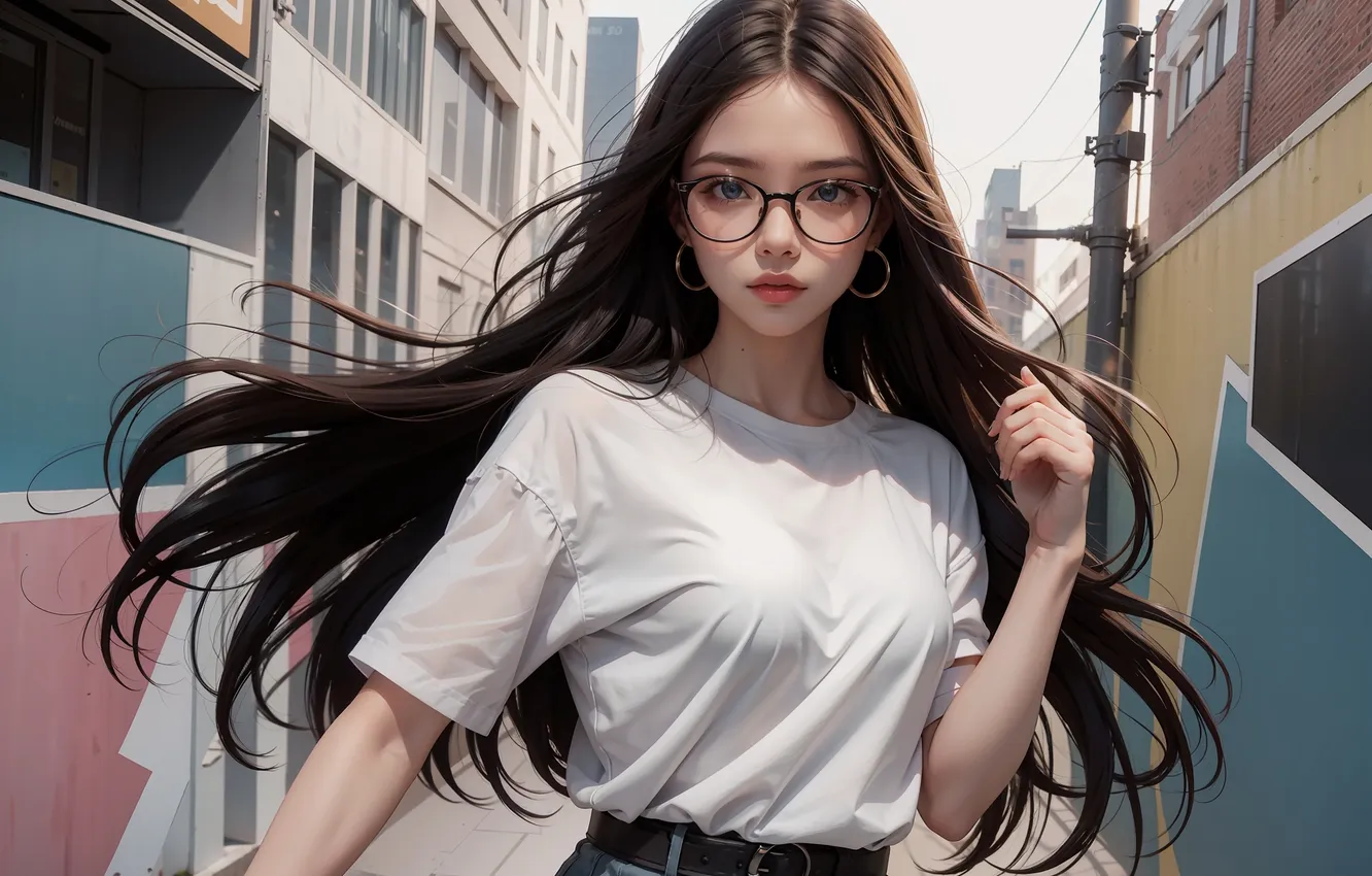 Фото обои long hair, street, women, asian, glasses, earring, looking at viewer, white clothing