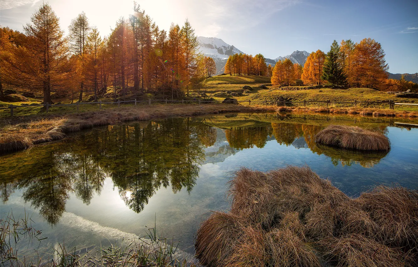 Фото обои осень, свет, горы, природа, пруд, отражение