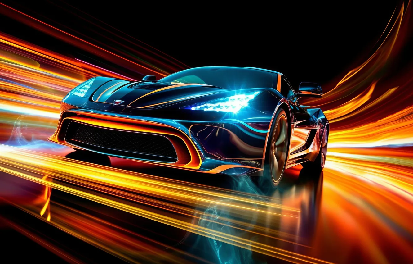 Фото обои car, reflection, driving, sports car, headlights, AI art, front angle view