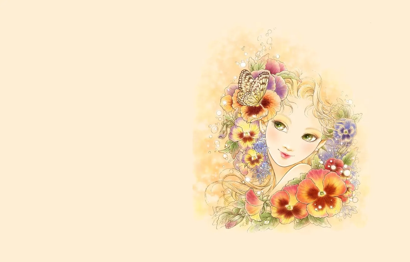 Фото обои девушка, цветы, настроение, бабочка, минимализм, арт