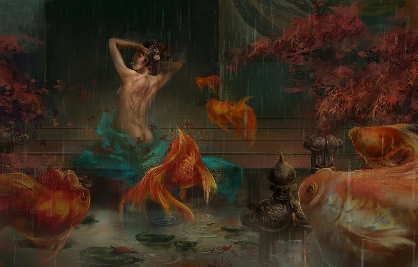 Фото обои листья, девушка, рыбки, рыбы, дождь, тату, арт, ткань
