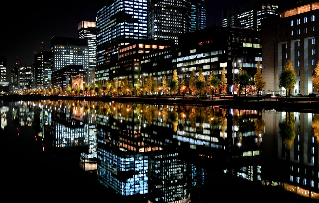 Фото обои ночь, город, огни, отражение, япония