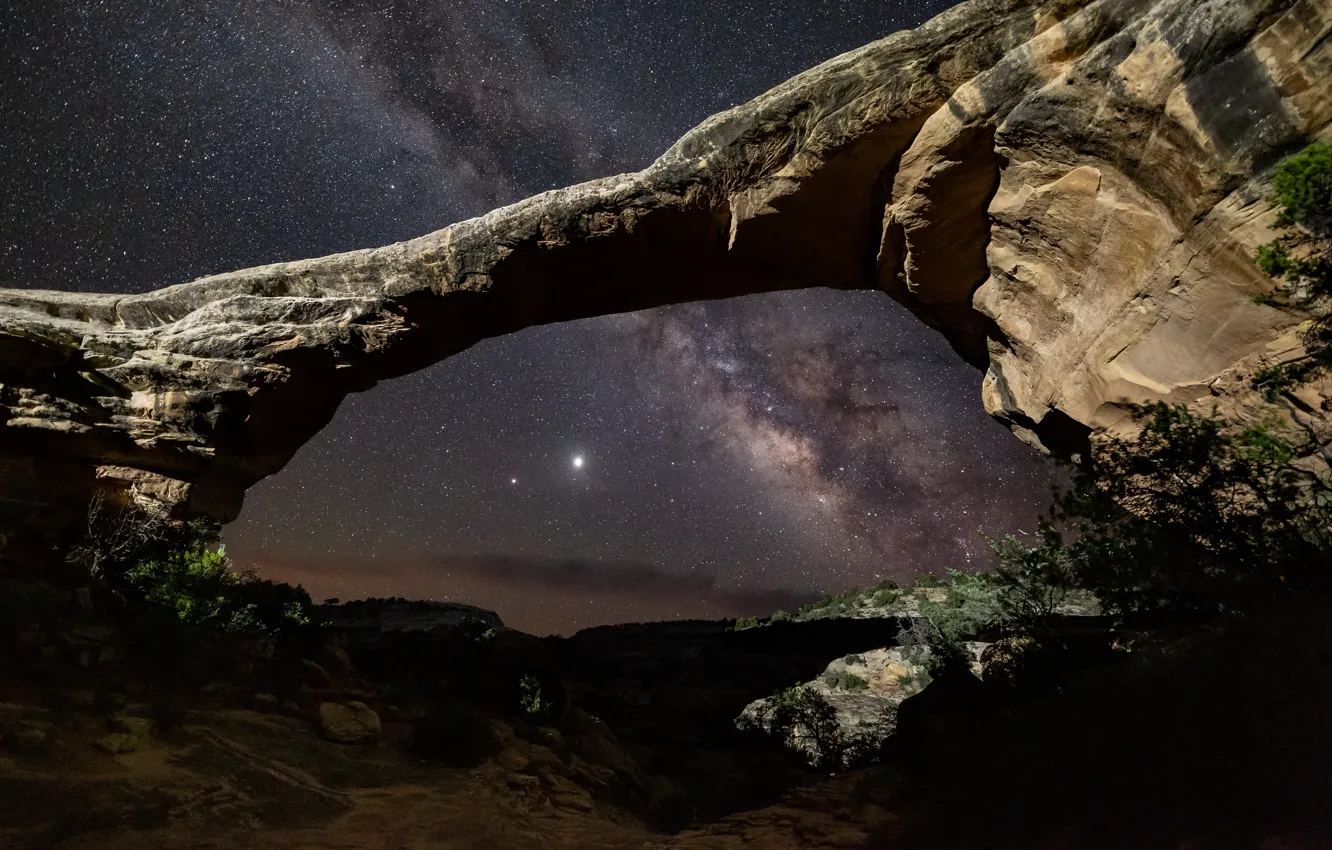Фото обои космос, звезды, горы, ночь, темнота, камни, скалы, растительность