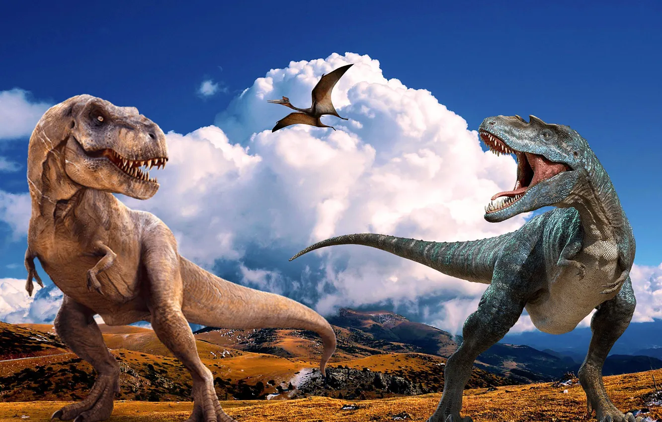Фото обои Облака, Горы, Двое, Животные, Raptor, T-Rex, Хищники, Dinosaurs