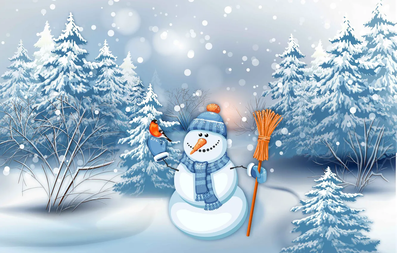 Фото обои зима, лес, снег, праздник, шапка, рисунок, графика, новый год