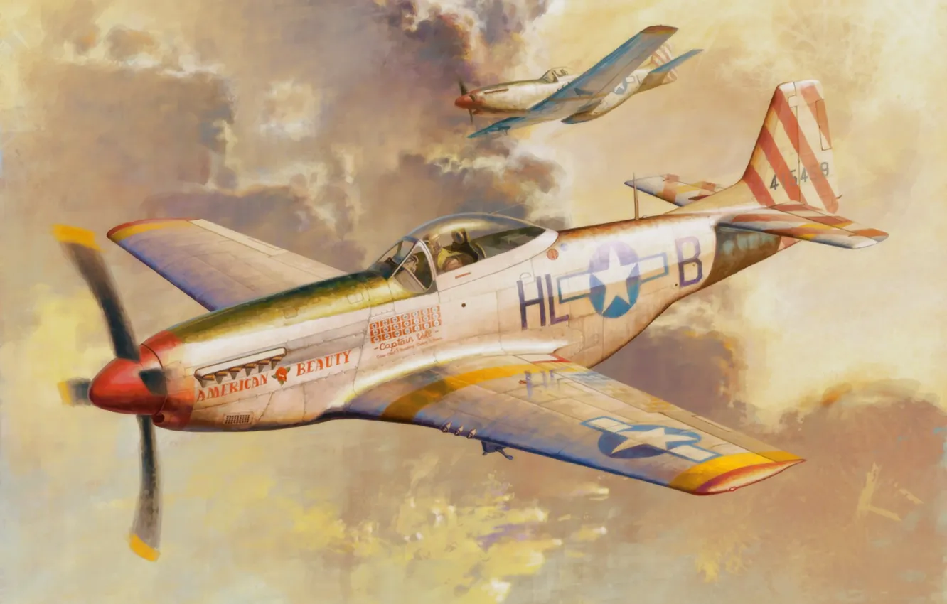 Фото обои fighter, war, art, painting, aviation, P-51D Mustang, ww2