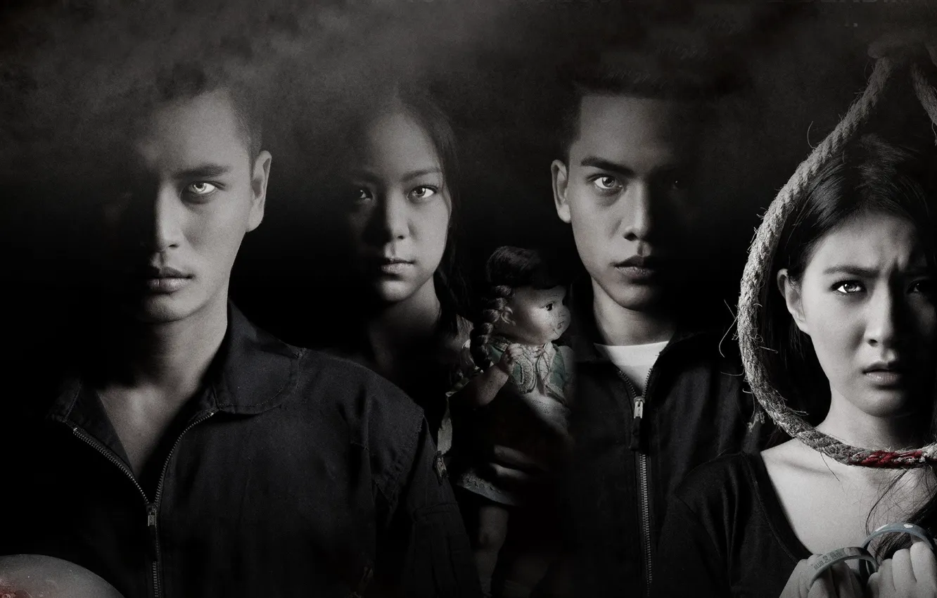 Фото обои blood, girls, fog, evil, doll, yellow eyes, 2014, Boys