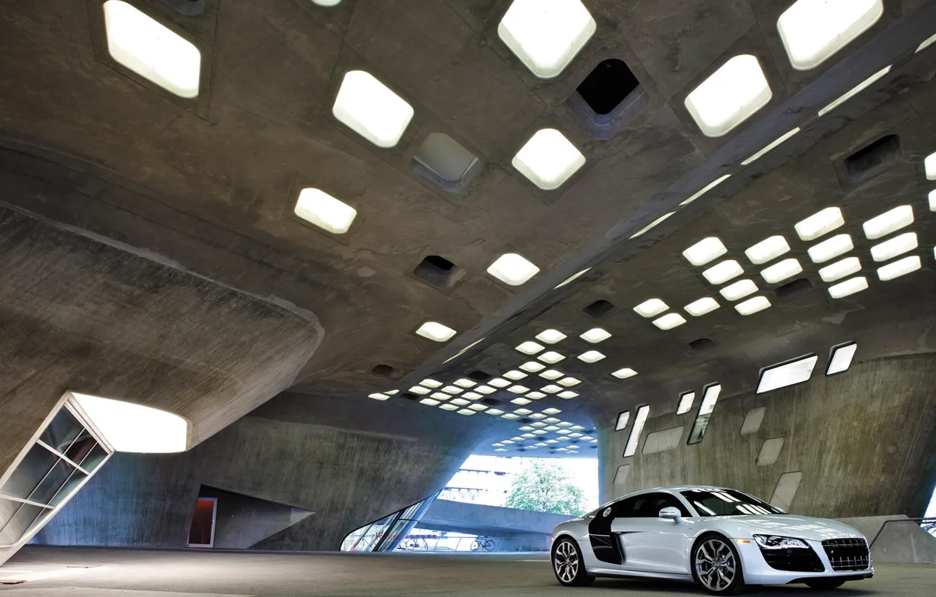 Фото обои Здание, Гараж, Audi R8, Архитектура