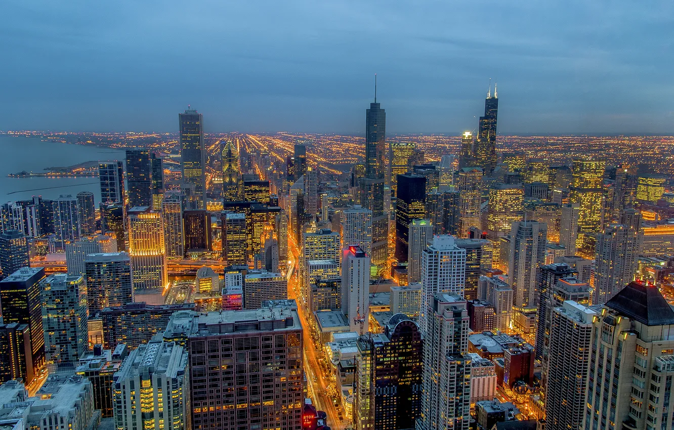 Фото обои город, огни, небоскребы, вечер, Чикаго, панорамма, штат Иллиноис