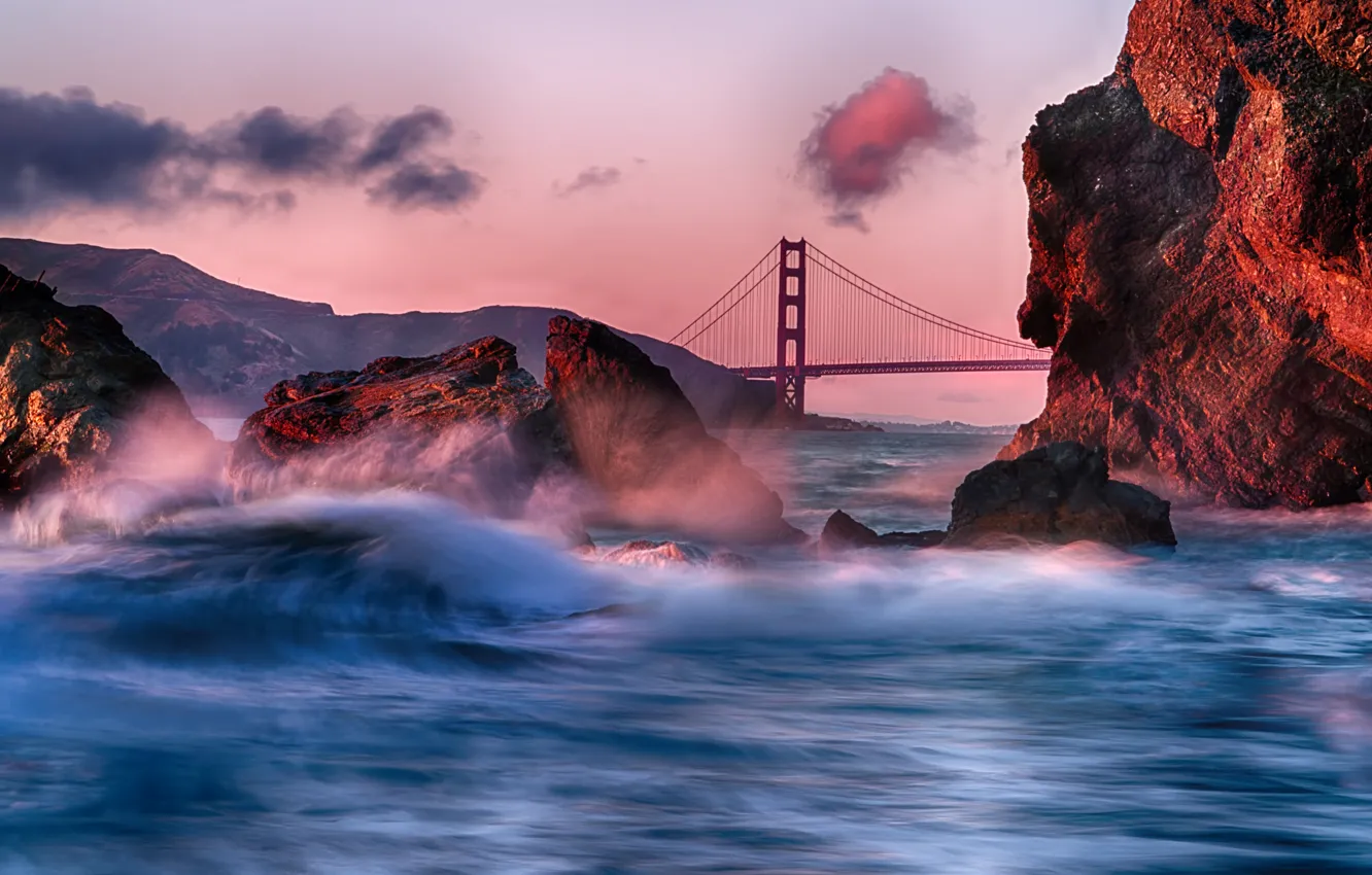 Фото обои Clouds, Landscape, Bridge, Water, Sunset, Ocean, Golde Gate