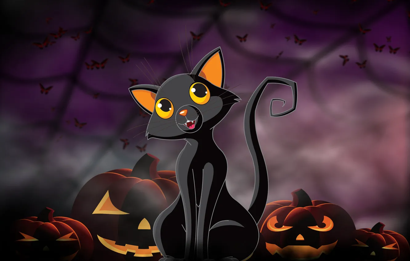 Фото обои кошка, фон, арт, тыквы, хэллоуин