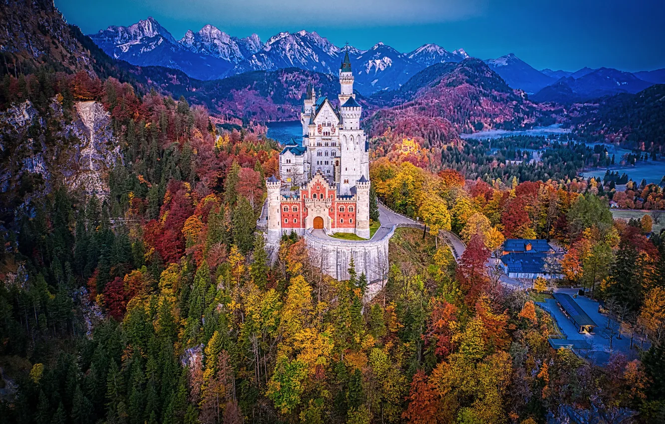 Фото обои осень, лес, горы, замок, Германия, Бавария, Germany, Bavaria