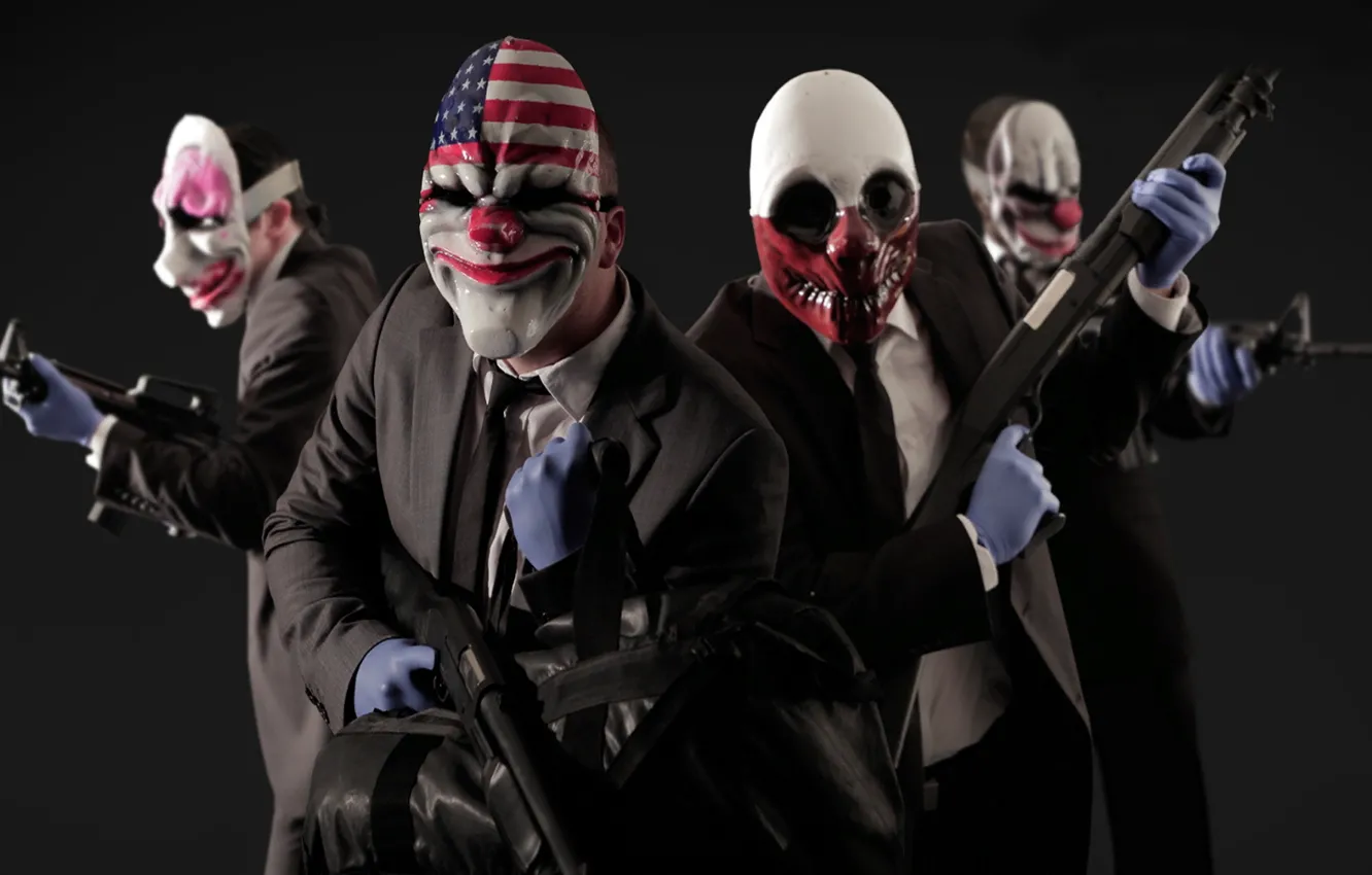 Фото обои игры, оружие, маски, games, клоуны, грабители, payday 2