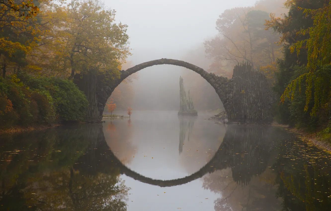Фото обои осень, мост, туман, отражение, bridge, autumn, germany, Rakotzbrücke