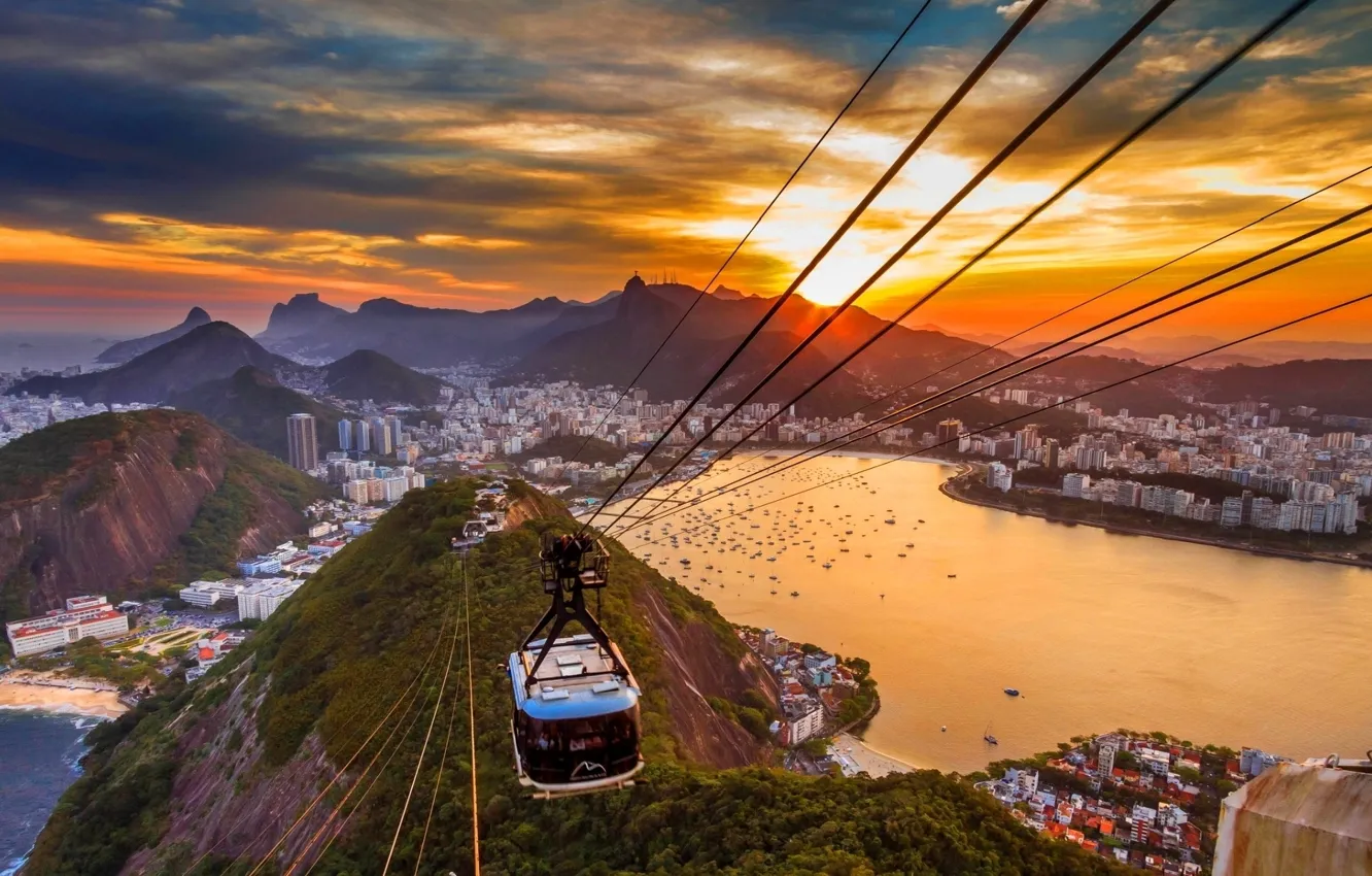 Фото обои закат, горы, город, океан, дома, бухта, яхты, Рио-де-Жанейро