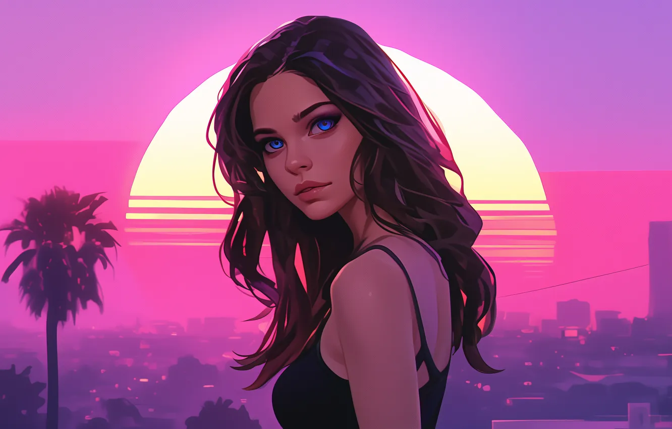 Фото обои long hair, sunset, blue eyes, women, brunette, palm trees, illustration, synthwave