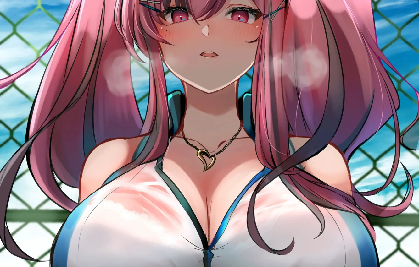 Фото обои girl, sexy, bra, cleavage, pink hair, long hair, boobs, anime