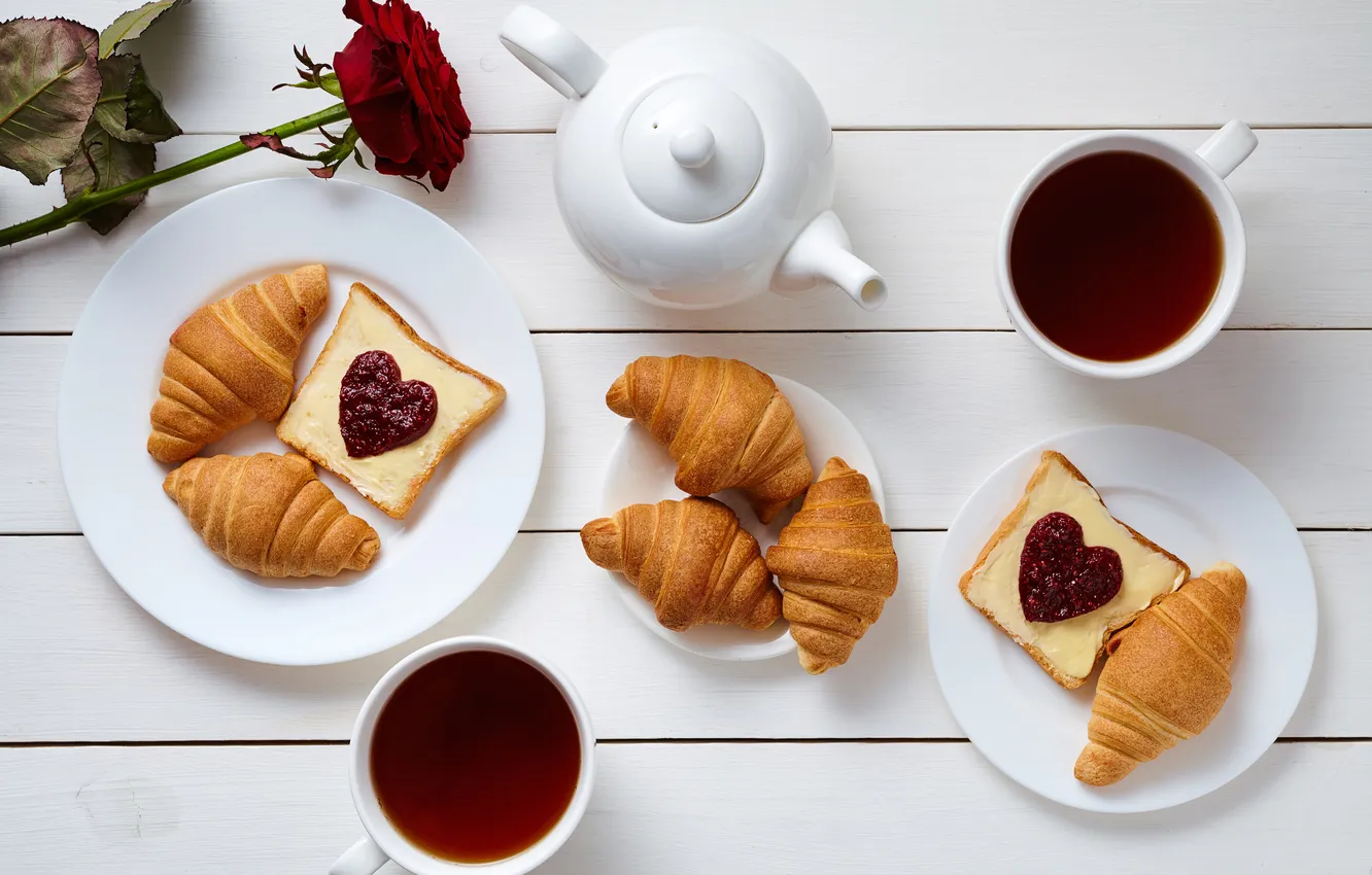 Фото обои кофе, завтрак, сердечки, love, rose, heart, cup, romantic