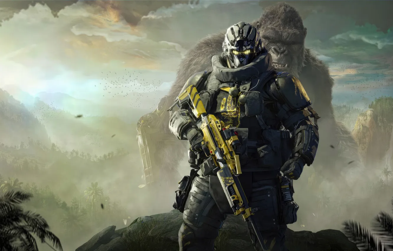 Фото обои King Kong, Godzilla, rifle, ARMA, seifuku, monstro, Homem, selva