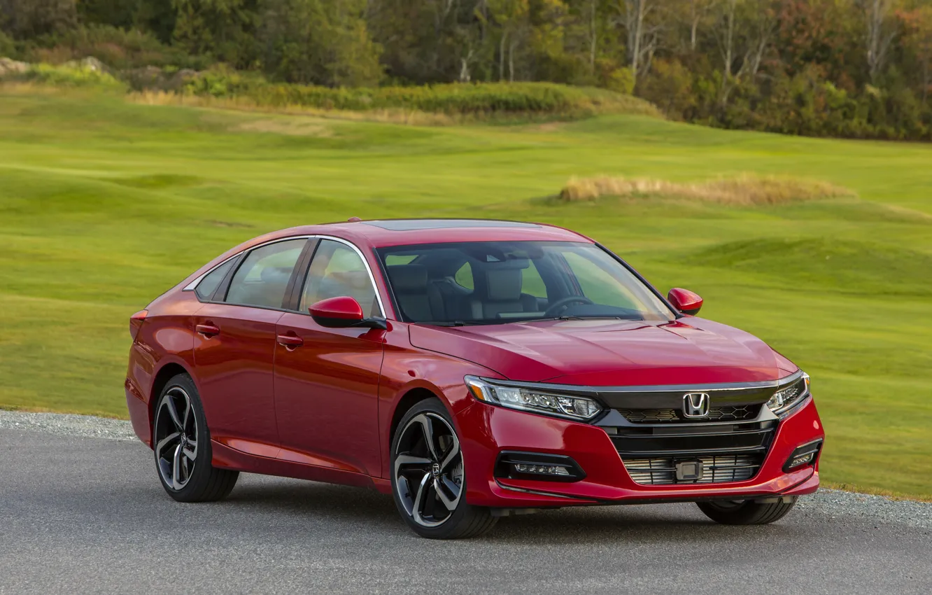 Фото обои красный, газон, Honda, Accord, седан, 2018, четырёхдверный, 2.0T Sport