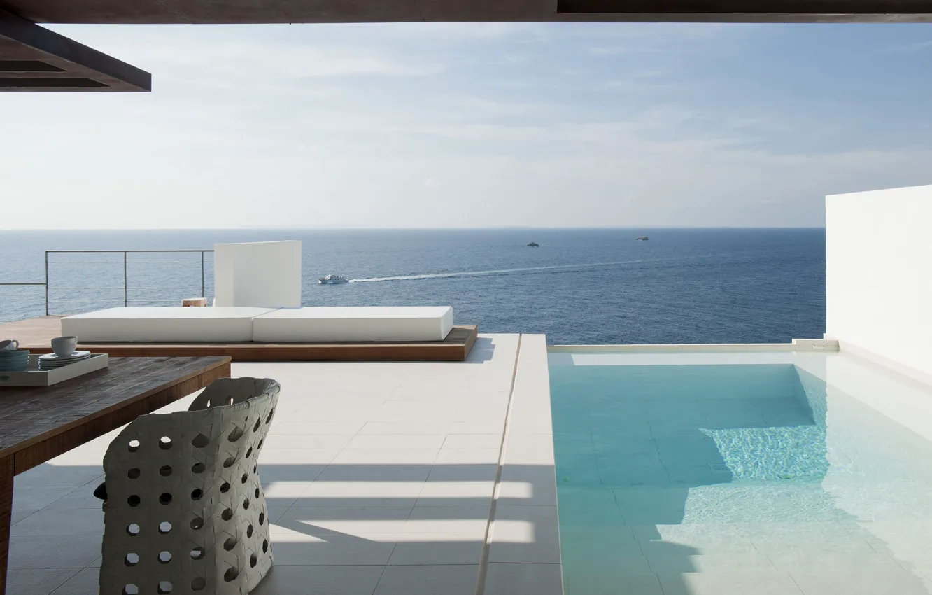 Фото обои дизайн, стиль, вилла, интерьер, бассейн, вид на море, терраса, открытое пространство