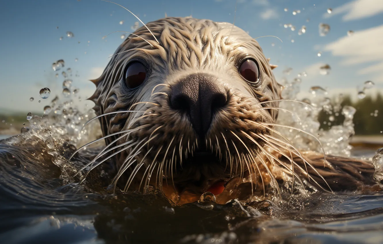 Фото обои Вода, Взгляд, Морда, Цифровое искусство, Крупным планом, Мокрый, ИИ-арт, Искусство искусственного интеллекта