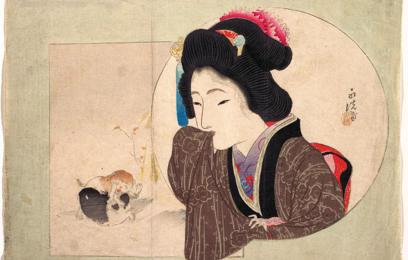 Фото обои девушка, Япония, котята, кимоно, Keisai Eisen