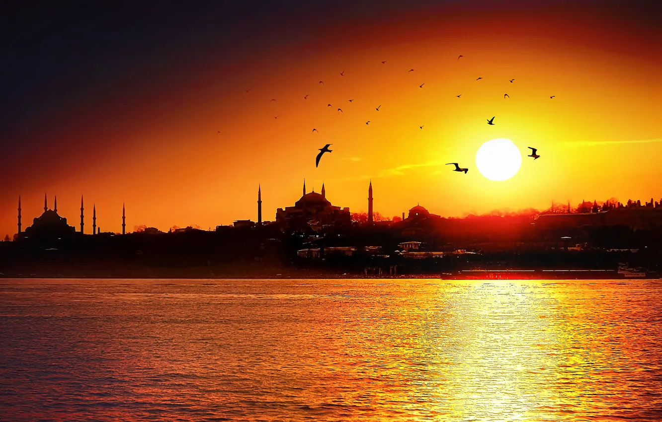 Фото обои закат, пролив, силуэт, мечеть, Стамбул, Турция, Босфор