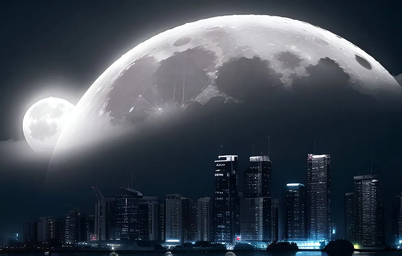 Фото обои City, wallpaper, Moon, Art, Planet, Night, Cities, Houses