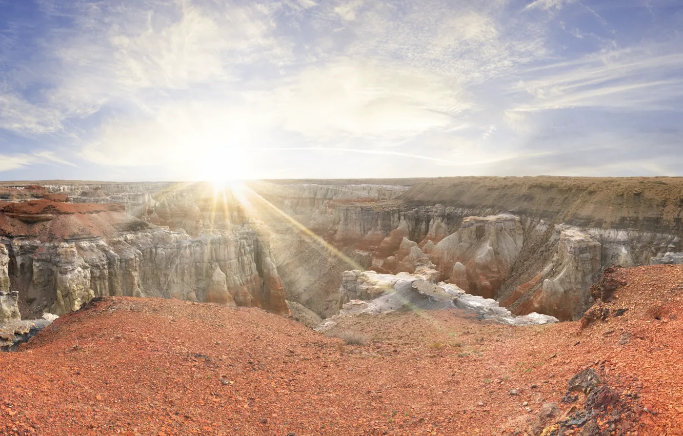 Фото обои солнце, горы, обрыв, скалы, панорама, США, Гранд-Каньон, каньоны