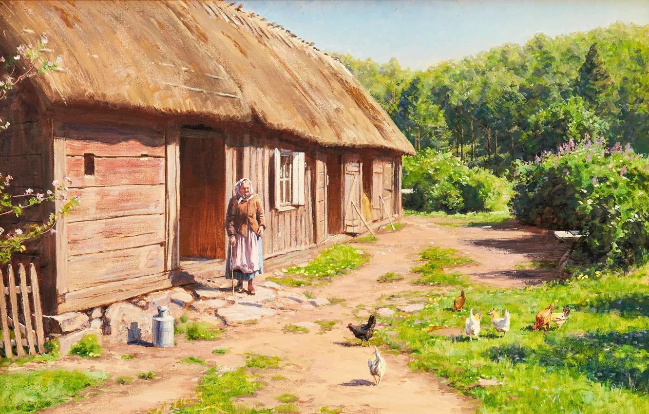 Фото обои 1908, Johan Krouthen, шведский художник, Swedish painter, Йохан Кроутен, oil on canvas, Farm Scene, Сельский …