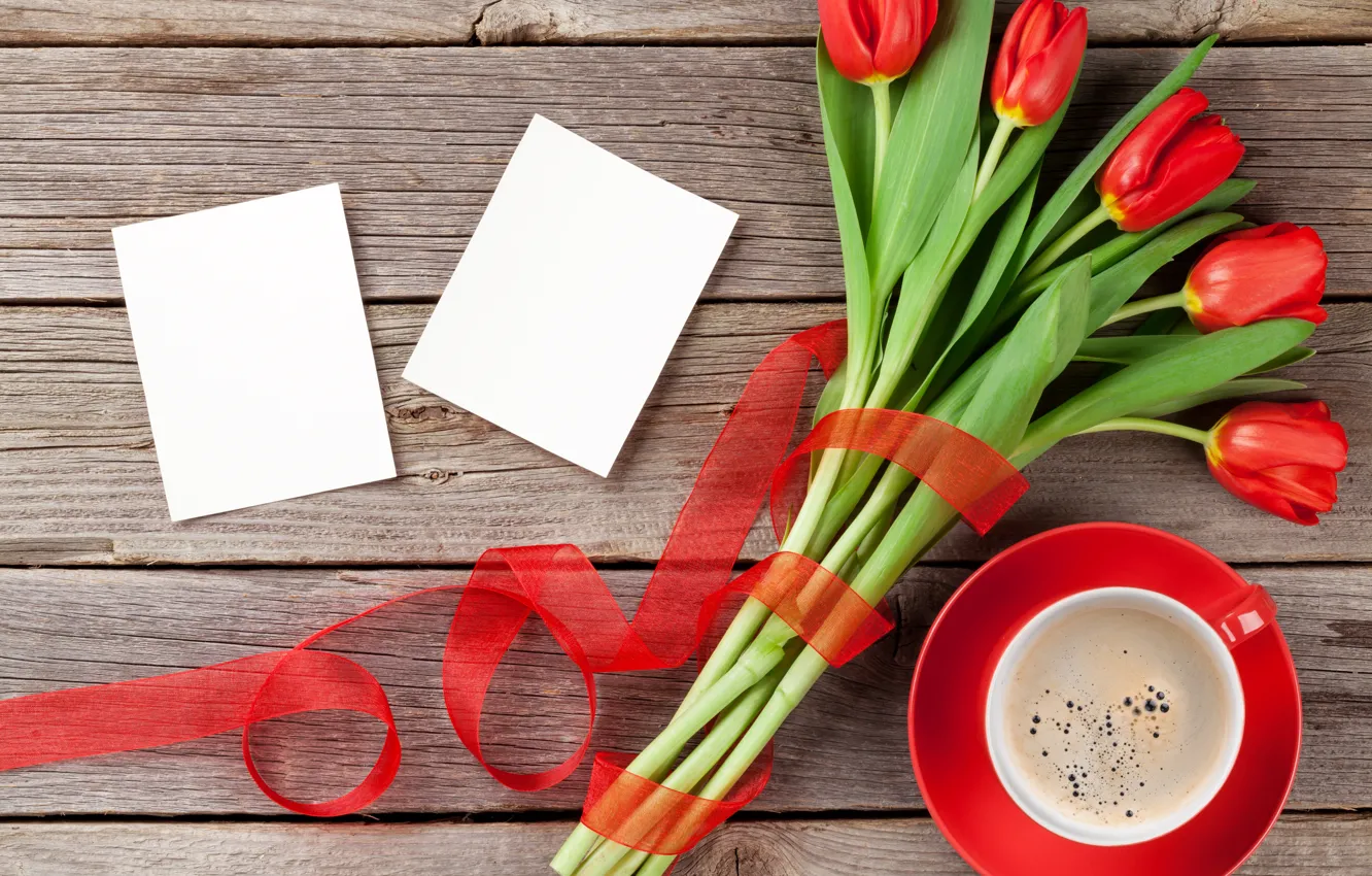 Фото обои любовь, цветы, кофе, букет, чашка, сердечки, тюльпаны, red