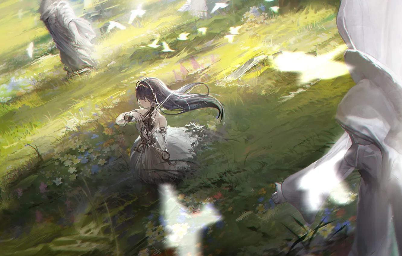 Фото обои девушка, цветы, птицы, поляна, скрипка, Punishing: Gray Raven