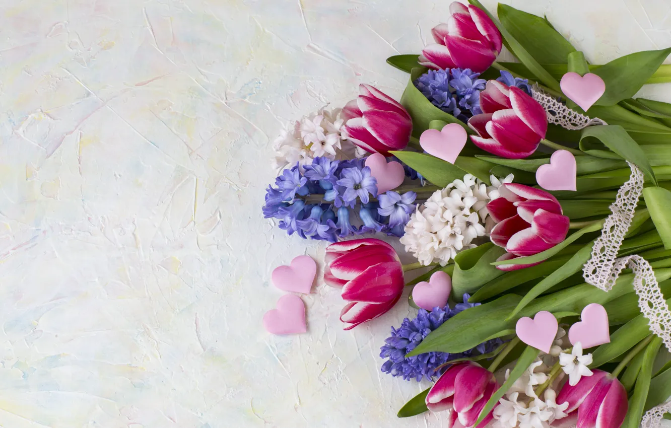 Фото обои цветы, букет, сердечки, тюльпаны, love, pink, flowers, hearts
