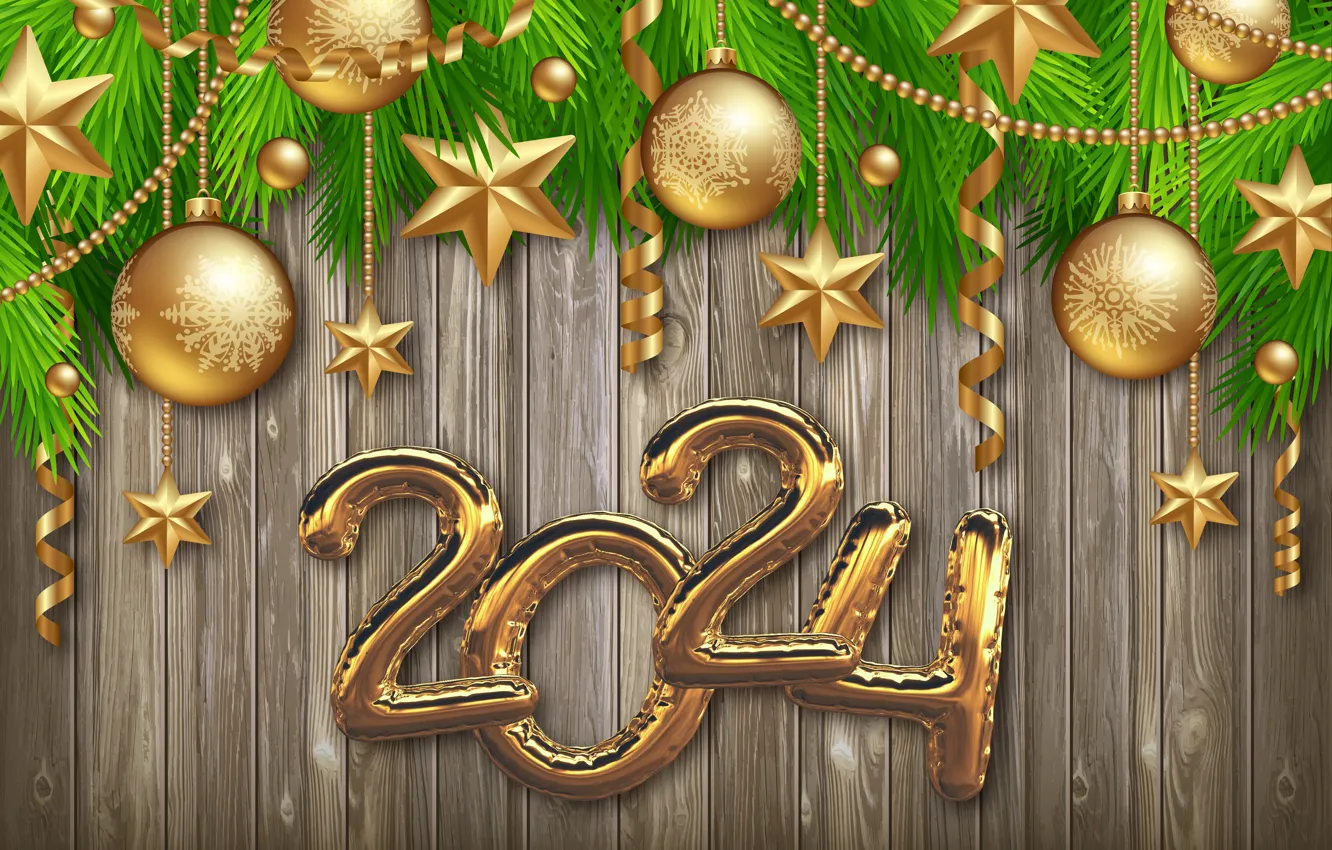 Фото обои золото, шары, Новый Год, цифры, golden, new year, Christmas, balls