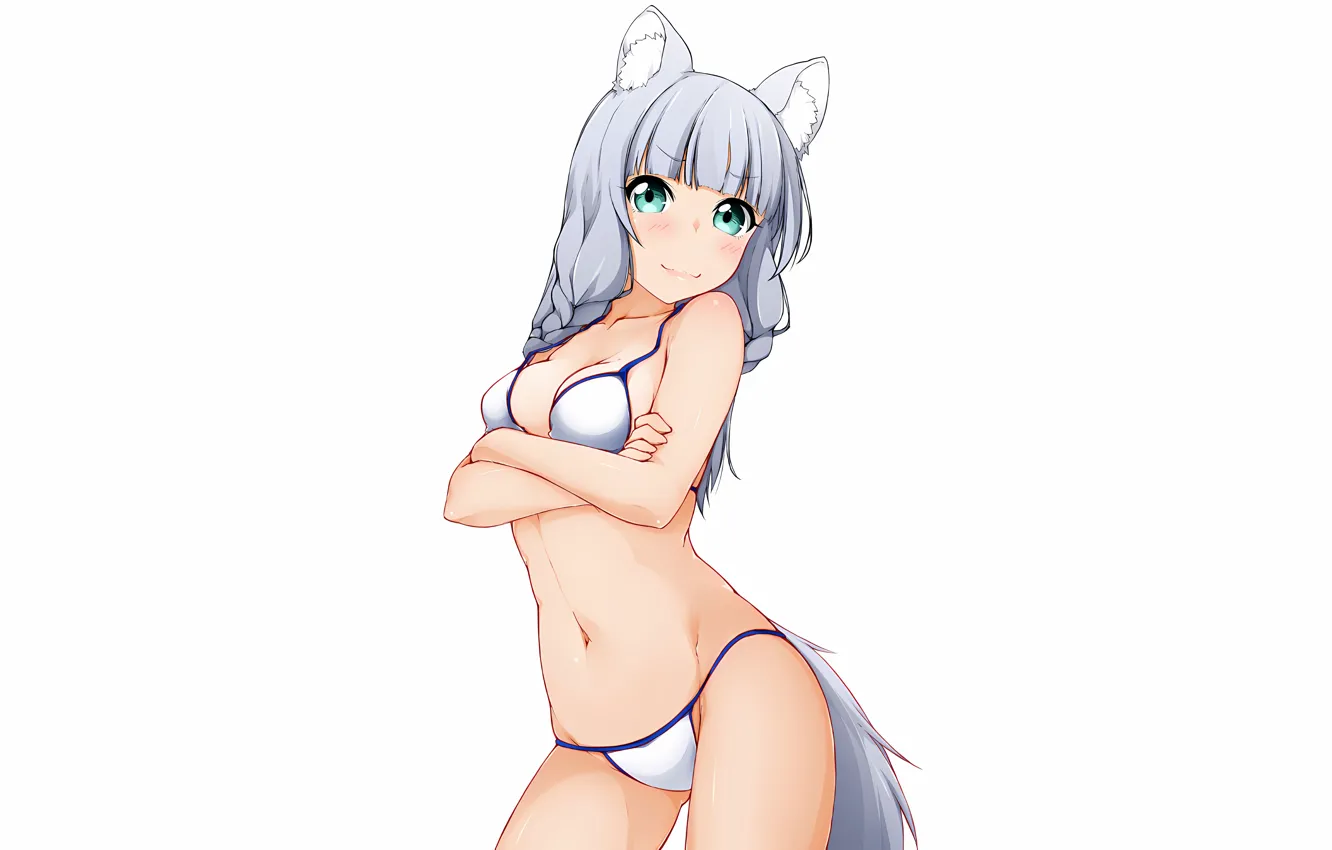 Фото обои girl, sexy, cleavage, green eyes, long hair, boobs, animal ears, anime