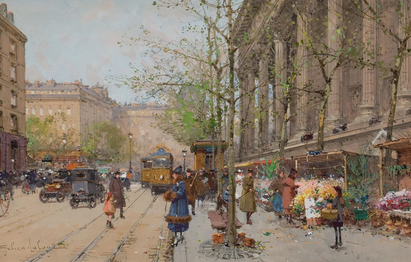 Фото обои город, люди, улица, картина, трамваи, Eugene Galien-Laloue, Flower Market La Madeleine