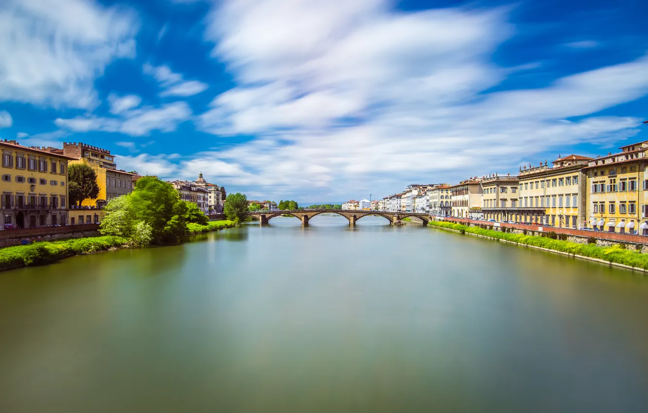 Фото обои небо, мост, река, дома, Италия, Флоренция, Арно