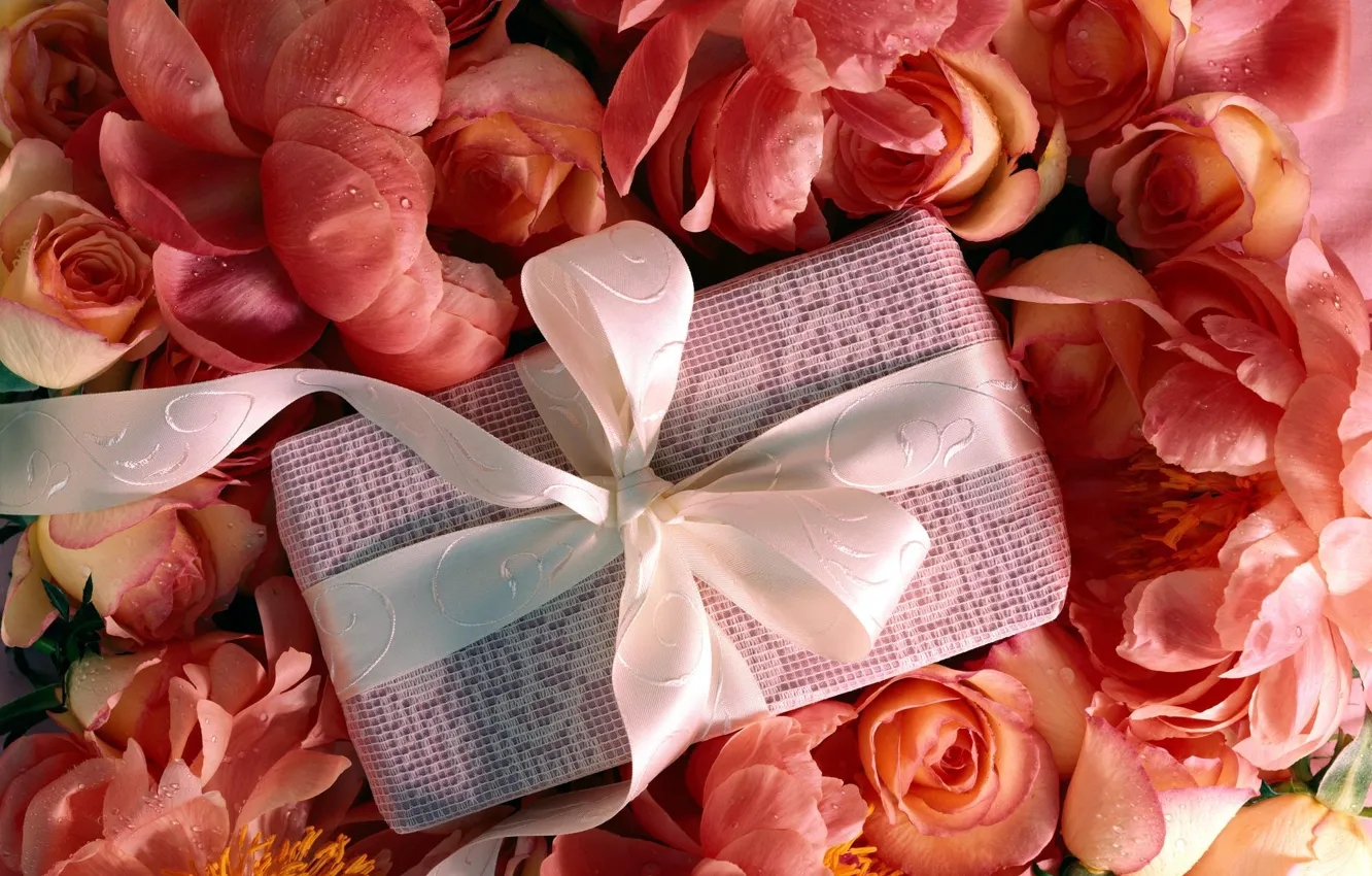 Фото обои цветы, ленты, коробка, подарок, розы