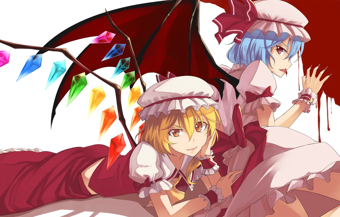 Фото обои кровь, красные глаза, Touhou Project, Remilia Scarlet, Flandre Scarlet, проект Восток, капли крови, вампирши