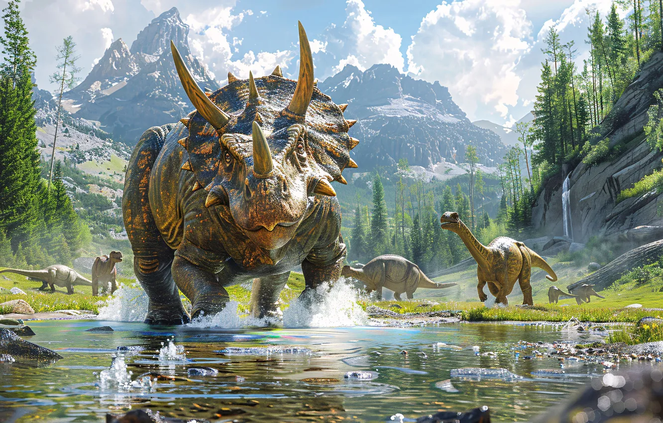 Фото обои вода, облака, деревья, горы, животное, динозавр, рога, речка