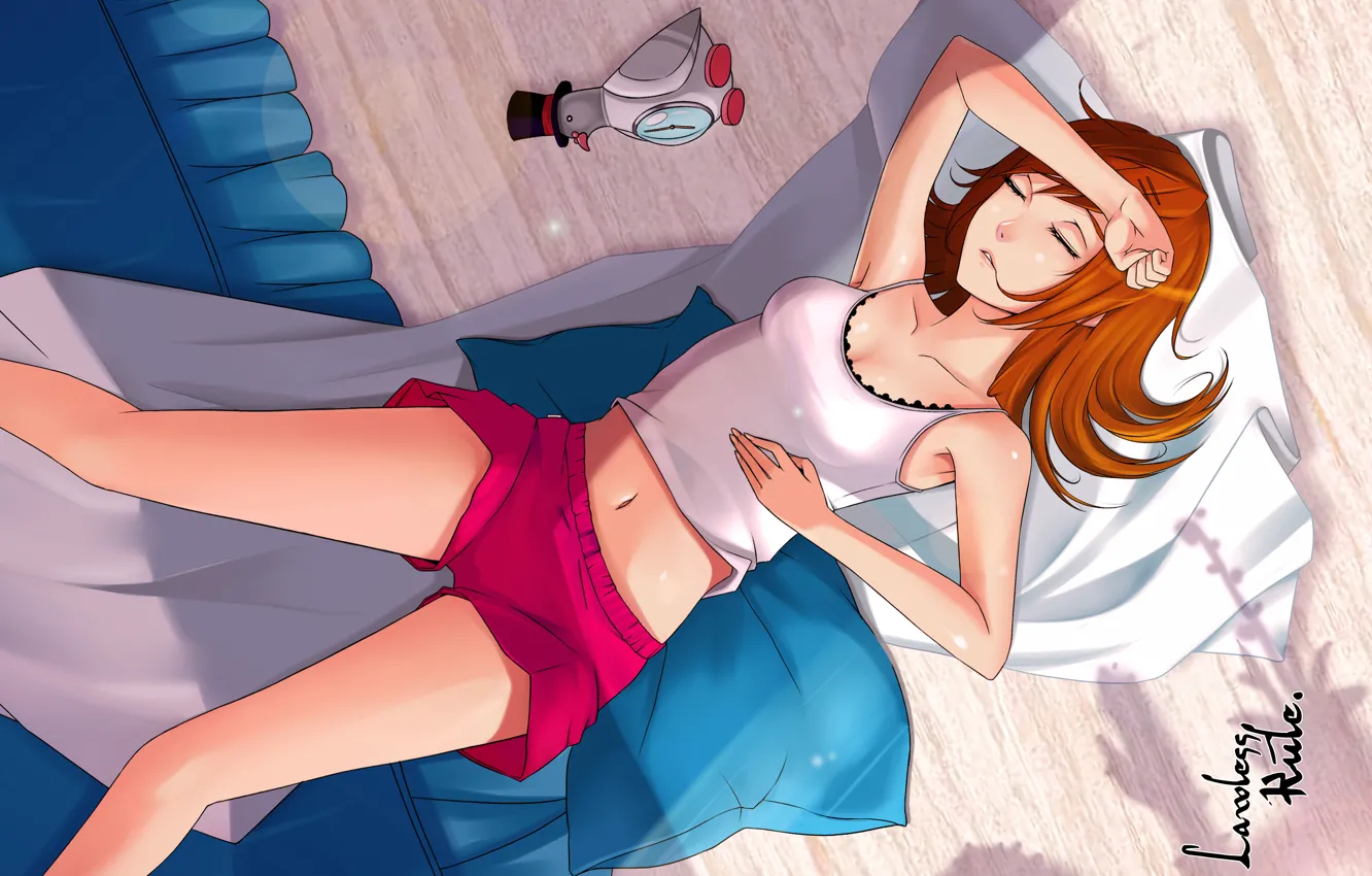 Фото обои девушка, сон, будильник, постель, пол, art, crazed