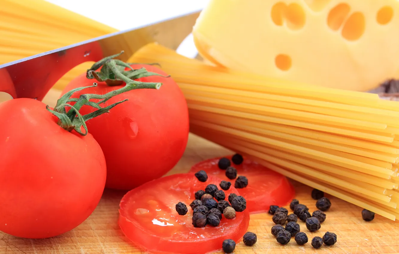 Фото обои черный, сыр, перец, помидоры, спагетти, spaghetti