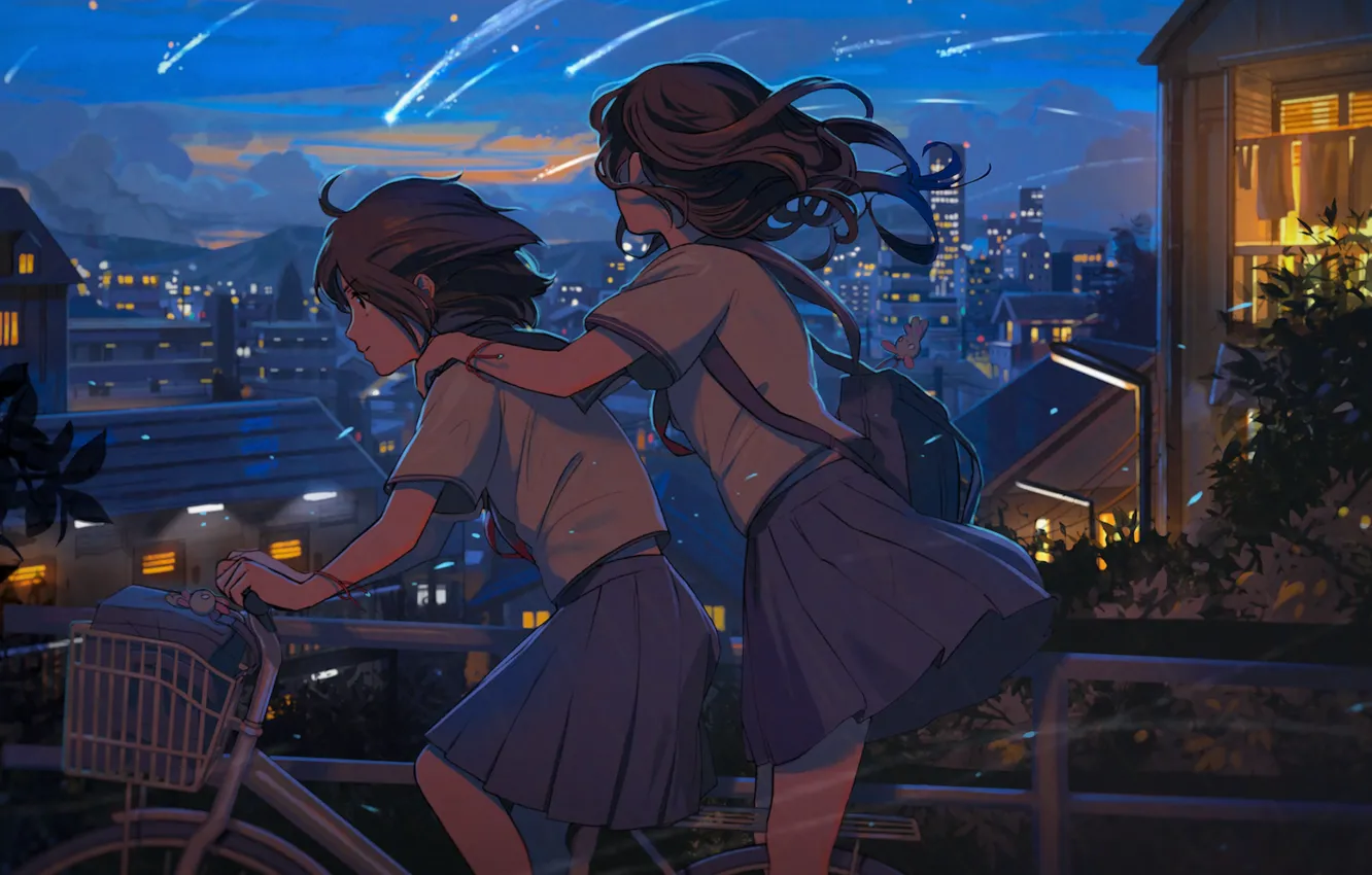Фото обои небо, велосипед, город, две, дома, вечер, Япония, школьницы